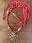 Golden Oxidised Metal Pendant with Golden Oxidised beads and Red agates chain