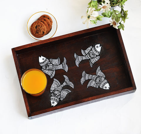Hand painted Madhubani Fish Solid Wood Serving Tray