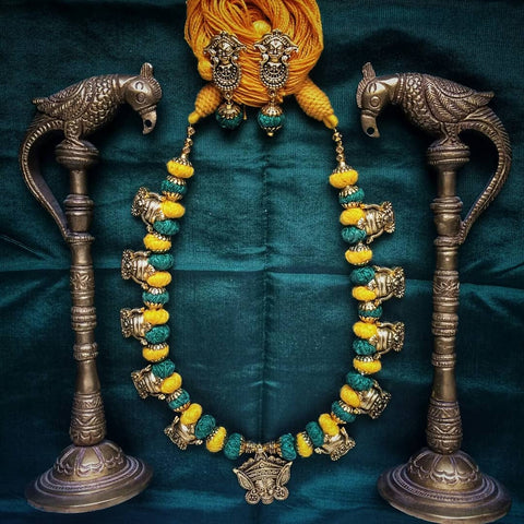 Kalamkari goddess dark green and yellow necklace set