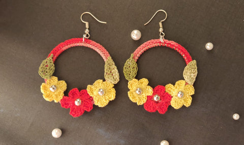 Handcrafted flower design crochet hoop earrings