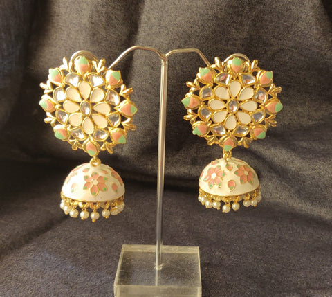 White Meena Kundan Jhumkas