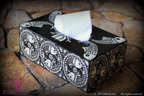 Tissue Box -Madhubani Fish B&W
