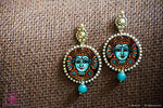 Ethniichic Hand Painted Blue Color Mural Design With Blue Agate Beads Earring set