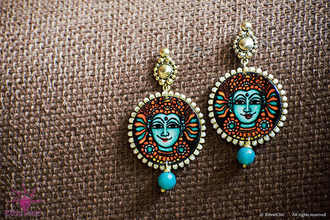Ethniichic Hand Painted Blue Color Mural Design With Blue Agate Beads Earring set