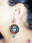 Ethniichic Hand Painted Blue Color Mural Design With Blue Agate Beads Earring set