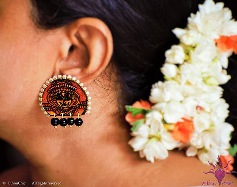 Ethniichic Hand Painted Brown Color Mural Design With Black Agate Beads Earring