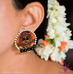 Ethniichic Hand Painted Brown Color Mural Design With Black Agate Beads Earring
