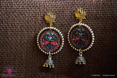 Ethniichic Hand Painted Madhubani Peacock Design with a Hanging Jhumka Earring