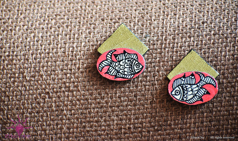 Ethniichic Hand painted Pink and Gold Color Madhubani Fish Studs Earring