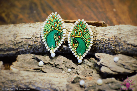 Ethniichic Hand painted Blue Color Mural Design Stud earring