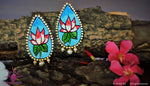 Ethniichic Hand painted Blue Color Mural Lotus Design With white Color Agate Beads Stud earring