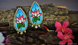 Ethniichic Hand painted Blue Color Mural Lotus Design With white Color Agate Beads Stud earring