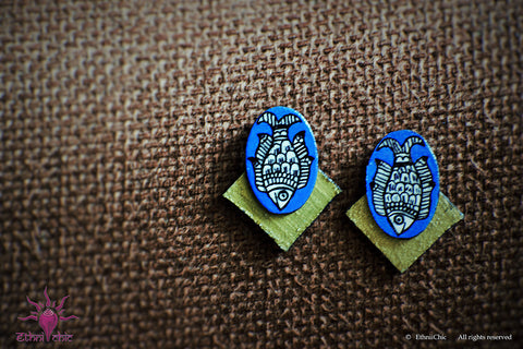 Ethniichic Hand painted Blue Color Madhubani Design Fish Stud earring
