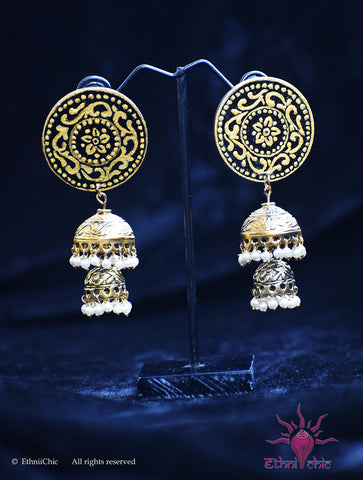 Ethniichic Hand Painted Black and Gold Color Mural Design With a Hanging Jhumka Earring