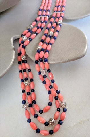 Coral Triple String with Dark Blue Onyx
